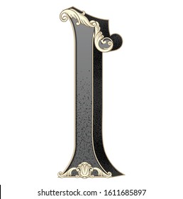 Vector illustration of uppercase letter I with decorations isolated on white background. Antique Letter with baroque ornamentation. Elegant black capital symbol to use monograms, logos,emblems