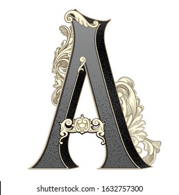 Vector illustration of uppercase letter 
A with decorations isolated on white background.Antique Letter with baroque ornamentation. Elegant black capital letter to use monograms, logos,emblems