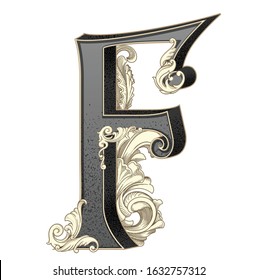 Vector illustration of uppercase letter 
 with decorations isolated on white background.Antique Letter with baroque ornamentation. Elegant black capital letter to use monograms, logos,emblems