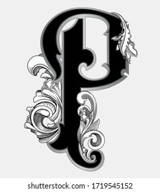 Vector illustration of uppercase letter with decorations isolated on white background.Antique Letter P with baroque ornamentation. Elegant black capital letter to use monograms, logos,emblems 