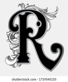 Vector illustration of uppercase letter with decorations isolated on white background.Antique Letter R with baroque ornamentation. Elegant black capital letter to use monograms, logos,emblems ,fonts