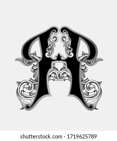 Vector illustration of uppercase letter with decorations isolated on white background.Antique Letter H ith baroque ornamentation. Elegant black capital letter to use monograms, logos,emblems,fonts