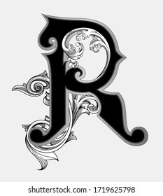 Vector illustration of uppercase letter with decorations isolated on white background.Antique Letter R with baroque ornamentation. Elegant black capital letter to use monograms, logos,emblems,fonts