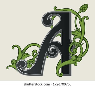 Ilustración vectorial de la letra mayúscula con decoraciones aisladas en fondo blanco.Carta antigua con ornamentación barroca. Elegante carta de la capital negra con lúpulos de cerveza