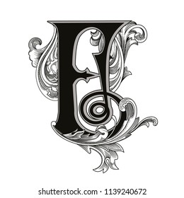 Vector illustration of uppercase letter E with decorations isolated on white background.Elegant  antique Letter with baroque ornamentation. Elegant black capital letter to use monograms, logos,emblems