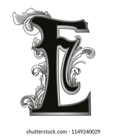 Vector illustration of uppercase letter E with decorations isolated on white background.Antique Letter with baroque ornamentation. Elegant black capital letter to use monograms, logos,emblems