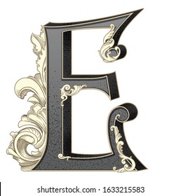 Vector illustration of uppercase letter E with decorations isolated on white background.Antique Letter with baroque ornamentation. Elegant black capital letter to use monograms, logos,emblems