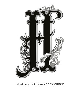 Vector illustration of uppercase letter  H 
with decorations isolated on white background.Antique Letter with baroque ornamentation. Elegant black capital letter to use monograms, logos,emblems