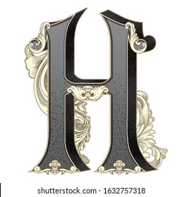Vector illustration of uppercase letter H
 with decorations isolated on white background.Antique Letter with baroque ornamentation. Elegant black capital letter to use monograms, logos,emblems