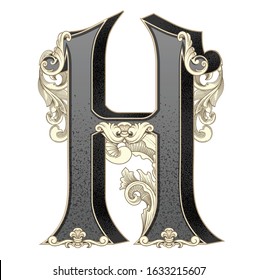 Vector illustration of uppercase letter H with decorations isolated on white background.Antique Letter with baroque ornamentation. Elegant black capital letter to use monograms, logos,emblems