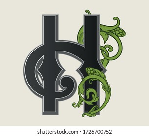 Vector illustration of uppercase letter  H with decorations isolated on white background.Antique Letter with baroque ornamentation. Elegant black capital letter with beer hops