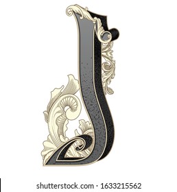 Vector illustration of uppercase letter J with decorations isolated on white background.Antique Letter with baroque ornamentation. Elegant black capital letter to use monograms, logos,emblems