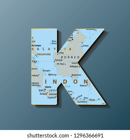 Vector illustration of uppercase letter K with map to use monograms, logos,emblems. Map alphabet
