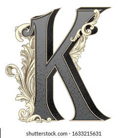 Vector illustration of uppercase letter K with decorations isolated on white background.Antique Letter with baroque ornamentation. Elegant black capital letter to use monograms, logos,emblems