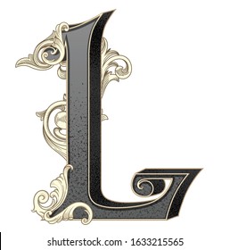 Vector illustration of uppercase letter L with decorations isolated on white background.Antique Letter with baroque ornamentation. Elegant black capital letter to use monograms, logos,emblems