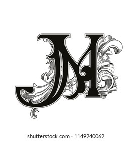 Vector illustration of uppercase letter M  with decorations isolated on white background.Antique Letter with baroque ornamentation. Elegant black capital letter to use monograms, logos,emblems