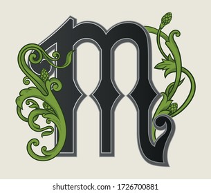 Vector illustration of uppercase letter M with decorations isolated on white background.Antique Letter with baroque ornamentation. Elegant black capital letter with beer hops