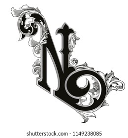Vector illustration of uppercase letter N
 with decorations isolated on white background.Antique Letter with baroque ornamentation. Elegant black capital letter to use monograms, logos,emblems