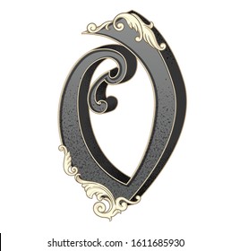 Vector illustration of uppercase letter O with decorations isolated on white background. Antique Letter with baroque ornamentation. Elegant black capital symbol to use monograms, logos,emblems