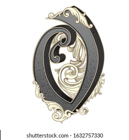 Vector illustration of uppercase letter  O
 with decorations isolated on white background.Antique Letter with baroque ornamentation. Elegant black capital letter to use monograms, logos,emblems