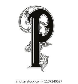 Vector illustration of uppercase letter P with decorations isolated on white background.Elegant  antique Letter with baroque ornamentation. Elegant black capital letter to use monograms, logos,emblems