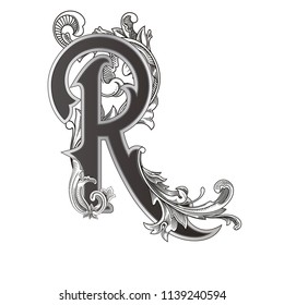 Vector illustration of uppercase letter R with decorations isolated on white background.Elegant  antique Letter with baroque ornamentation. Elegant black capital letter to use monograms, logos,emblems