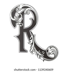 Vector illustration of uppercase letter R with decorations isolated on white background.Elegant  antique Letter with baroque ornamentation. Elegant black capital letter to use monograms, logos,emblems