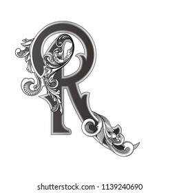 Vector illustration of uppercase letter R with decorations isolated on white background.Elegant  antique Letter with baroque ornamentation. Elegant black capital letter to use monograms, logos,emblems