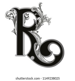 Vector illustration of uppercase letter R  with decorations isolated on white background.Antique Letter with baroque ornamentation. Elegant black capital letter to use monograms, logos,emblems