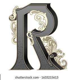 Vector illustration of uppercase letter R with decorations isolated on white background.Antique Letter with baroque ornamentation. Elegant black capital letter to use monograms, logos,emblems
