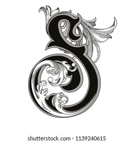 Vector illustration of uppercase letter S with decorations isolated on white background.Elegant  antique Letter with baroque ornamentation. Elegant black capital letter to use monograms, logos,emblems