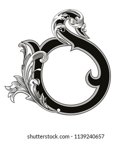Vector illustration of uppercase letter S with decorations isolated on white background.Elegant  antique Letter with baroque ornamentation. Elegant black capital letter to use monograms, logos,emblems