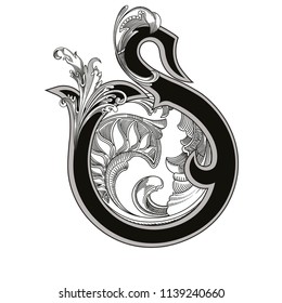 Vector illustration of uppercase letter S with decorations isolated on white background.Elegant  antique Letter with baroque ornamentation. Elegant black capital letter to use monograms, logos,emblems