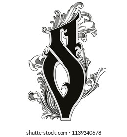 Vector illustration of uppercase letter S with decorations isolated on white background.Elegant  antique Letter with baroque ornamentation. Elegant black capital letter to use monograms, logos,emblems