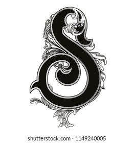 Vector illustration of uppercase letter S with decorations isolated on white background.Antique Letter with baroque ornamentation. Elegant black capital letter to use monograms, logos,emblems