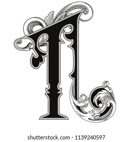 Vector illustration of uppercase letter T with decorations isolated on white background.Elegant  antique Letter with baroque ornamentation. Elegant black capital letter to use monograms, logos,emblems