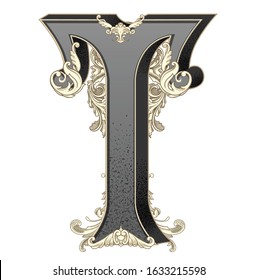 Vector illustration of uppercase letter T with decorations isolated on white background.Antique Letter with baroque ornamentation. Elegant black capital letter to use monograms, logos,emblems