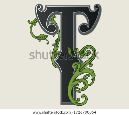 Vector illustration of uppercase letter T with decorations isolated on white background.Antique Letter with baroque ornamentation. Elegant black capital letter with beer hops