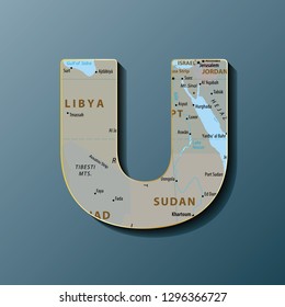 Vector illustration of uppercase letter U with map to use monograms, logos,emblems. Map alphabet