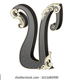 Vector illustration of uppercase letter U with decorations isolated on white background. Antique Letter with baroque ornamentation. Elegant black capital symbol to use monograms, logos,emblems