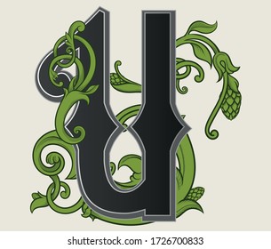 Ilustración vectorial de la letra mayúscula con decoraciones aisladas en fondo blanco.Carta antigua con ornamentación barroca. Elegante carta de la capital negra con lúpulos de cerveza