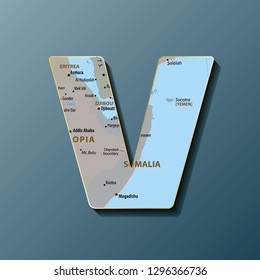 Vector illustration of uppercase letter V with map to use monograms, logos,emblems. Map alphabet