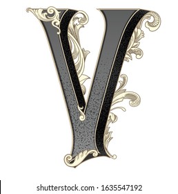 Vector illustration of uppercase letter V with decorations isolated on white background.Antique Letter with baroque ornamentation. Elegant black capital letter to use monograms, logos,emblems