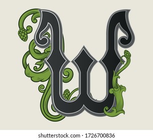 Vector illustration of uppercase letter  W with decorations isolated on white background.Antique Letter with baroque ornamentation. Elegant black capital letter with beer hops