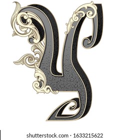Vector illustration of uppercase letter Y with decorations isolated on white background.Antique Letter with baroque ornamentation. Elegant black capital letter to use monograms, logos,emblems