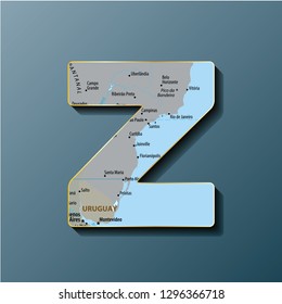 Vector illustration of uppercase letter Z with map to use monograms, logos,emblems. Map alphabet