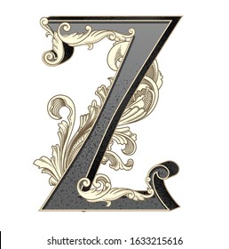 Vector illustration of uppercase letter Z with decorations isolated on white background.Antique Letter with baroque ornamentation. Elegant black capital letter to use monograms, logos,emblems