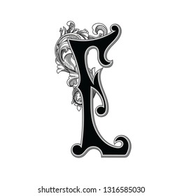 Vector illustration of uppercase old letter  e with decorations isolated on white background.Antique Letter with baroque ornamentation. Elegant black capital letter to use monograms, logos,emblems