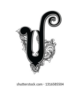 Vector illustration of uppercase old V letter with decorations isolated on white background.Antique Letter with baroque ornamentation. Elegant black capital letter to use monograms, logos,emblems