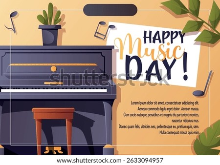 Vector illustration with an upright piano and festive decor. Ideal for music school posters, educational materials, or social media greetings.
